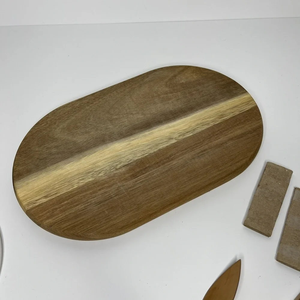 Wooden Cheese Board w/ Ceramic Center‎ and Knife Fork Copper